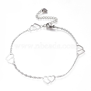 304 Stainless Steel Cable Chain Anklets, with Double Heart Links and Lobster Claw Clasps, Stainless Steel Color, 9-1/8 inch(23cm)(AJEW-M026-05P)