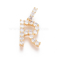 Golden Plated Brass Micro Pave Clear Cubic Zirconia Pendants, Long-Lasting Plated, Letter, Letter.R, 23x14.5.5x3.5mm, Hole: 7.5x3.5mm(ZIRC-L093-01R)