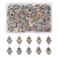 100Pcs 10 Colors Tibetan Style Alloy Pendants, with Handmade Evil Eye Lampwork Bead, Hamsa Hand/Hand of Miriam, Mixed Color, 20x13x4mm, Hole: 3.5mm, 10pcs/color(FIND-TA0001-78)