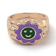 (Jewelry Parties Factory Sale)Alloy Enamel Finger Rings, Flower with Smiling Face, Light Gold, Green, US Size 6, Inner Diameter: 17mm(RJEW-H539-04D-LG)