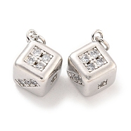 Brass Micro Pave Clear Cubic Zirconia Pendants, with Jump Rings Long-Lasting Plated, Lead Free & Cadmium Free, Cube, Platinum, 16x12x13.5mm, Hole: 3mm(KK-Q814-25P)