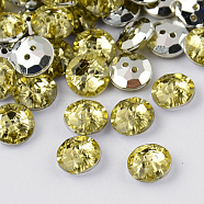 2-Hole Taiwan Acrylic Rhinestone Flat Round Buttons, Faceted & Silver Plated Pointed Back, Champagne Yellow, 10x4mm, Hole: 1mm(BUTT-F015-10mm-33)