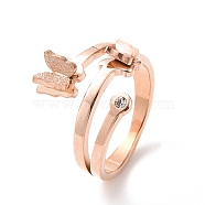 Crystal Rhinestone Butterfly Finger Ring, Ion Plating(IP) 304 Stainless Steel Jewelry for Women, Rose Gold, US Size 7 1/4(17.5mm)(RJEW-D120-09B-RG)