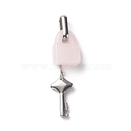 Natural Rose Quartz Lock Pendants, with Stainless Steel Color Tone 304 Stainless Steel Key & Chain, 49x12.5x7.5mm, Hole: 9.5x3.5mm, Lock: 15.5x12x6.5mm, Key: 18x10x2.5mm(G-B027-03B)