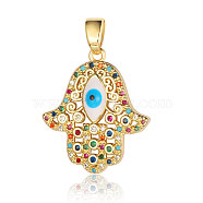 Brass Micro Pave Cubic Zirconia Pendants, Hamsa Hand with Evil Eye Charms, Real 18K Gold Plated, 24x20x3.8mm(ZIRC-OY001-42G)