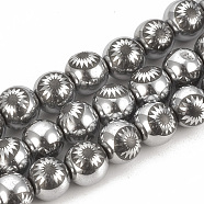 Electroplate Non-magnetic Synthetic Hematite Beads Strands, Round with Flower, Platinum Plated, 8mm, Hole: 1.5mm, about 51pcs/strand, 15.7 inch(G-T065-8mm-03E)