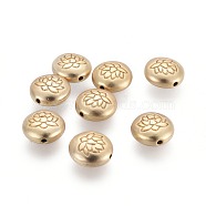 Tibetan Style Alloy Beads, Flat Round with Lotus, Lead Free & Nickel Free & Cadmium Free, Real 18K Gold Plated, Matte Gold Color, 14x6.5mm, Hole: 1mm(X-TIBEB-Q067-08MG-NR)