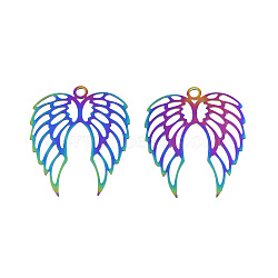 201 Stainless Steel Pendants, Etched Metal Embellishments, Wing, Rainbow Color, 40x33x0.3mm, Hole: 3mm(STAS-N102-09M)