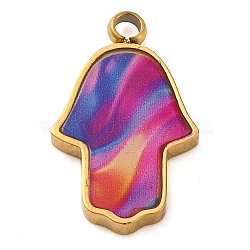 304 Stainless Steel Enamel Pendants, Hamsa Hand Charm, Golden, Ion Plating(IP), Colorful, 17.5x11x2mm, Hole: 1.8mm(STAS-M105-34G-01)