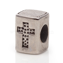 304 Stainless Steel European Bead Rhinestone Settings, Large Hole Beads, Cuboid & Cross, Antique Silver, 11x8.5x8.5mm, Hole: 5mm(STAS-I134-18AS)