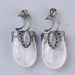 Natural Quartz Crystal Pendants, Rock Crystal Pendants, with Brass Findings, Oval, Antique Silver, 44~46x20~21x16~17mm, Hole: 5x7mm(G-F639-09G)