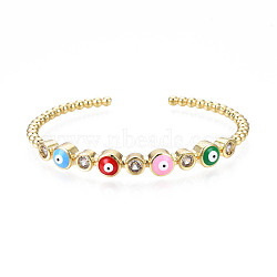 Enamel Flat Round with Evil Eye Open Cuff Bangle with Clear Cubic Zirconia, Real 18K Gold Plated Brass Jewelry for Women, Colorful, Inner Diameter: 2-3/8 inch(5.9cm)(BJEW-N012-021C)
