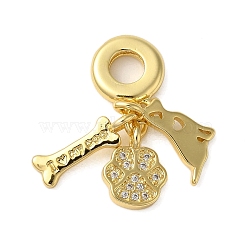 Rack Plating Brass Micro Pave Clear Cubic Zirconia European Dangle Charms, Dog & Bone & Paw Print Large Hole Pendants, Cadmium Free & Lead Free, Long-Lasting Plated, Real 18K Gold Plated, 25mm, Hole: 5mm(KK-P279-34G)