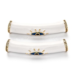 Brass Micro Pave Clear Cubic Zirconia Tube Beads, Long-Lasting Plated, with Enamel, Tube with Evil Eye, Real 18K Gold Plated, White, 38x8x7.5mm, Hole: 4mm(KK-B028-21G-C)