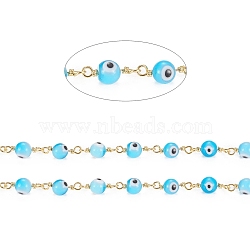 Handmade Evil Eye Lampwork Round Beaded Chains, with Brass Findings, Unwelded, Spool, Long-Lasting Plated, Golden, Cyan, 15x3x6x1.8mm, Beads: 6mm, about 32.8 Feet(10m)/roll(CHC-G009-B-G02)