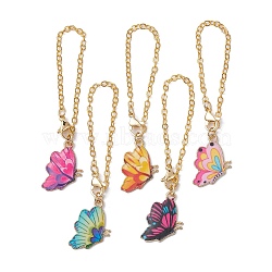Butterfly Printed Alloy Cup Pendant Decorations, with Lobster Claw Clasps and Brass Cable Chains, Mixed Color, 140mm(HJEW-JM01345)