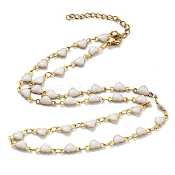 Ion Plating(IP) Golden 304 Stainless Steel Heart Link Chain Necklaces, with Enamel, White, 17.72~17.91 inch(45~45.5cm)(NJEW-E098-02G-06)