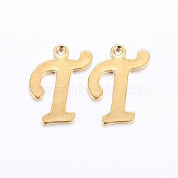 201 Stainless Steel Pendants, Letter, Golden, Letter.T, 14x10x1mm, Hole: 1mm(STAS-O098-03G-T)