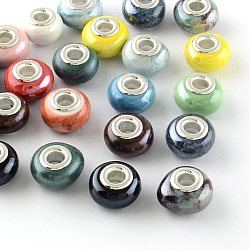 Rondelle Pearlized Handmade Porcelain European Beads, with Silver Color Plated Brass Cores, Large Hole Beads, Mixed Color, 14~16x9~10mm, Hole: 5mm(PORC-R042-M4)