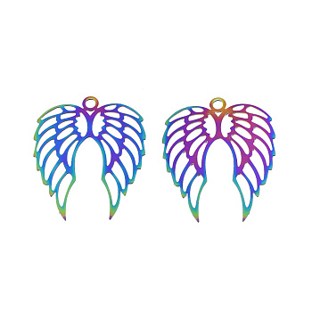 201 Stainless Steel Pendants, Etched Metal Embellishments, Wing, Rainbow Color, 40x33x0.3mm, Hole: 3mm