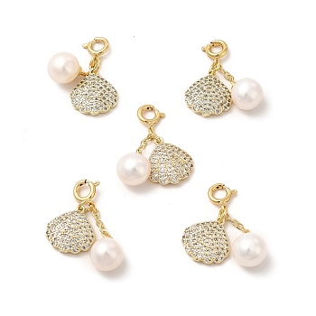 Brass Pave Clear Cubic Zirconia Shell Spring Ring Clasp Charms, with Natural Pearl Round Beads, Real 14K Gold Plated, 26mm, Bead: 26x8x8mm, Shell: 22x13.5x2.5mm