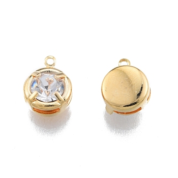 Brass Micro Pave Clear Cubic Zirconia Charms, Single Stone Charms, Flat Round, Real 18K Gold Plated, 9.8x7.6x4.9mm, Hole: 0.9mm