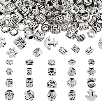 167Pcs 20 Style Tibetan Style Alloy European Beads, Large Hole Beads, Mixed Shapes, Antique Silver, 6~13x7~11x3~11mm, hole: 4~6mm