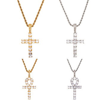 4Pcs 4 Style 304 Stainless Steel with Cubic Zirconia Cross Pendant Necklaces Set with Brass Chains, Golden & Stainless Steel Color, 23.46~23.62 inch(59.6~60cm), 1Pc/style