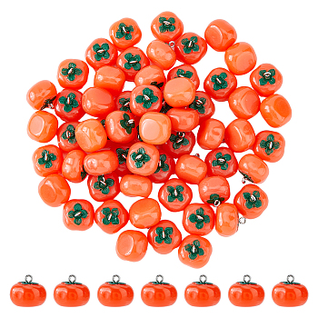 60pcs Autumn Theme Resin Imitation Food Pendants, Persimmon Charms, with Platinum Plated Iron Loops, Coral, 15~17x17x17mm, Hole: 1.8mm