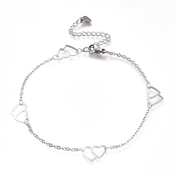 304 Stainless Steel Cable Chain Anklets, with Double Heart Links and Lobster Claw Clasps, Stainless Steel Color, 9-1/8 inch(23cm)