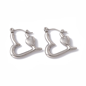 304 Stainless Steel Heart Hoop Earrings for Women, Stainless Steel Color, 22x21x3mm, Pin: 0.6mm