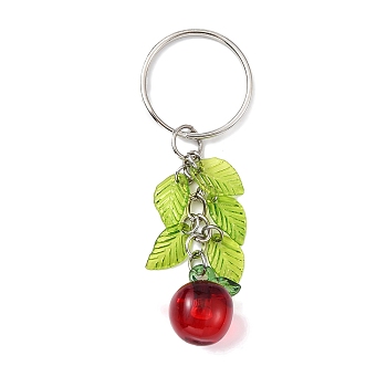 Acrylic Pendant Keychain, with Leaf Charms and Iron Keychain Ring, Apple, 7.5cm, Pendant: 52x14x16mm