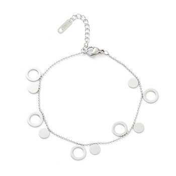 Tarnish Resistant 304 Stainless Steel Charm Bracelets, with Ball Chains, Flat Round & Ring, Stainless Steel Color, 7-1/4 inch(18.5cm)