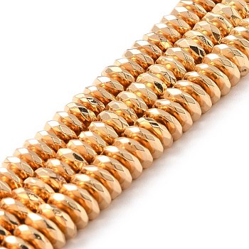 Electroplate Non-magnetic Synthetic Hematite Beads Strands, Grade AA, Long-Lasting Plated, Faceted, Rondelle, Light Gold Plated, 4x2mm, Hole: 1mm, about 175pcs/strand, 15.7 inch(40cm)