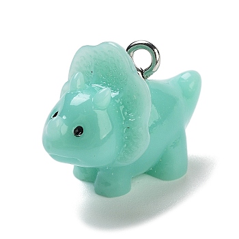 Opaque Resin Dinosaur Pendants, Cartoon Triceratops Charms with Platinum Tone Iron Loops, Turquoise, 15x21x9mm, Hole: 2mm