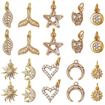 20Pcs 10 Style Brass Micro Pave Cubic Zirconia Charms, with Jump Ring, Long-Lasting Plated, Mixed Shapes, Golden, 2pcs/style