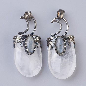 Natural Quartz Crystal Pendants, Rock Crystal Pendants, with Brass Findings, Oval, Antique Silver, 44~46x20~21x16~17mm, Hole: 5x7mm