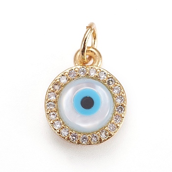 Brass Micro Pave Cubic Zirconia Charms, with Lampwork, Flat Round with Evil Eye, Golden, 11.5x9x3mm, Hole: 3mm