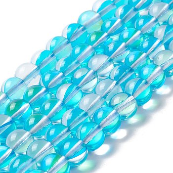 Synthetic Moonstone Beads Strands, Round, Cyan, 8mm, Hole: 1mm, about 48pcs/strand, 14.57''~15.35''(37~39cm)