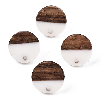 Opaque Resin & Walnut Wood Stud Earring Findings, with 304 Stainless Steel Pin, Flat Round, Creamy White, 15mm, Hole: 1.8mm, Pin: 0.7mm