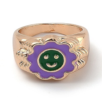 (Jewelry Parties Factory Sale)Alloy Enamel Finger Rings, Flower with Smiling Face, Light Gold, Green, US Size 6, Inner Diameter: 17mm
