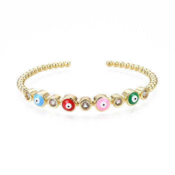 Enamel Flat Round with Evil Eye Open Cuff Bangle with Clear Cubic Zirconia, Real 18K Gold Plated Brass Jewelry for Women, Colorful, Inner Diameter: 2-3/8 inch(5.9cm)