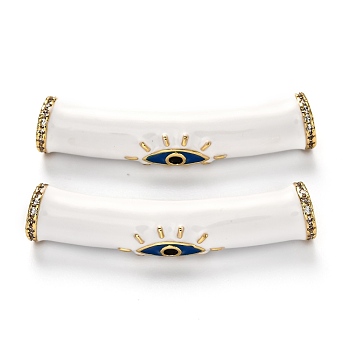 Brass Micro Pave Clear Cubic Zirconia Tube Beads, Long-Lasting Plated, with Enamel, Tube with Evil Eye, Real 18K Gold Plated, White, 38x8x7.5mm, Hole: 4mm