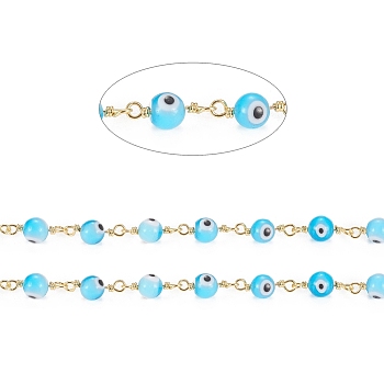 Handmade Evil Eye Lampwork Round Beaded Chains, with Brass Findings, Unwelded, Spool, Long-Lasting Plated, Golden, Cyan, 15x3x6x1.8mm, Beads: 6mm, about 32.8 Feet(10m)/roll