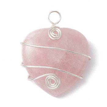 Natural Rose Quartz Copper Wire Wrapped Pendants, Heart Charms, Long-Lasting Plated, Silver Color Plated, 37.5~39.5x31~32x9.5mm, Hole: 4mm