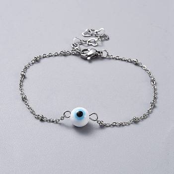 Handmade Lampwork Evil Eye Beads Beaded Bracelets, with 304 Stainless Steel Cable Chains and Lobster Claw Clasps, White, 6-7/8 inch(17.5cm), 1.5~2mm