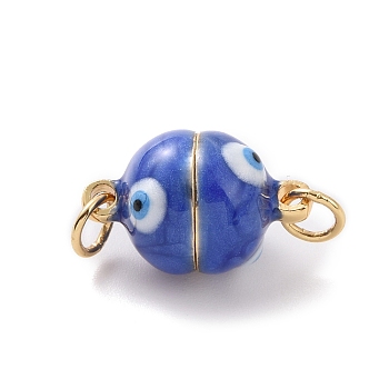 Brass Magnetic Clasps, with Enamel, Round with Evil Eye, Real 18K Gold Plated, Royal Blue, 16x10mm, Hole: 3mm
