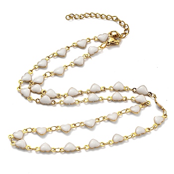 Ion Plating(IP) Golden 304 Stainless Steel Heart Link Chain Necklaces, with Enamel, White, 17.72~17.91 inch(45~45.5cm)