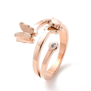 Crystal Rhinestone Butterfly Finger Ring, Ion Plating(IP) 304 Stainless Steel Jewelry for Women, Rose Gold, US Size 7 1/4(17.5mm)