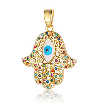 Brass Micro Pave Cubic Zirconia Pendants, Hamsa Hand with Evil Eye Charms, Real 18K Gold Plated, 24x20x3.8mm